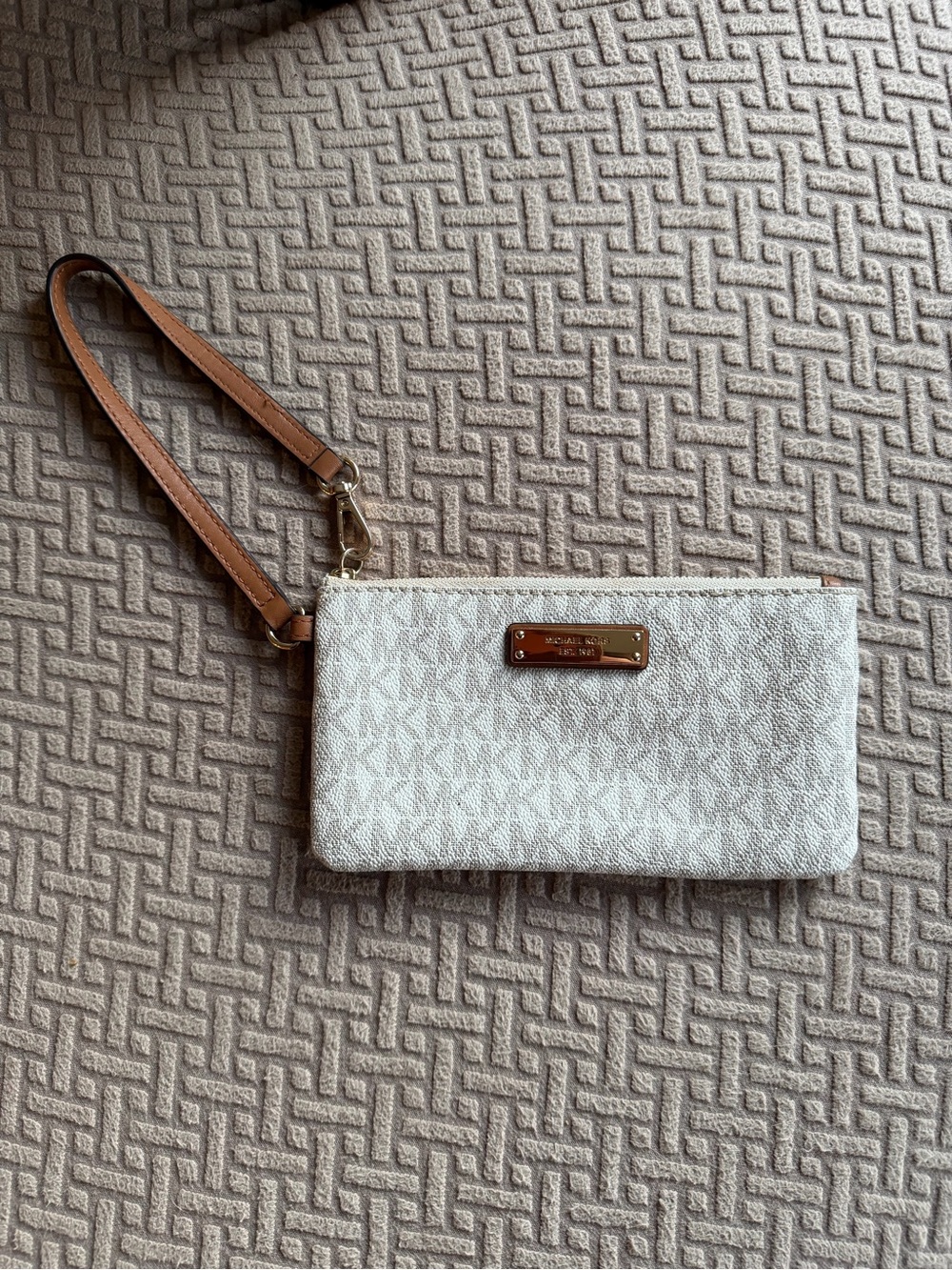 Michael Kors Cream Wristlet with Brown Leather Strap